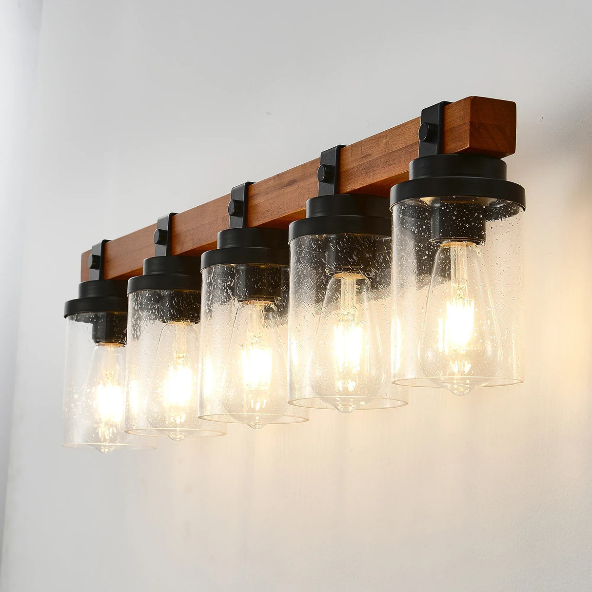 5-Light Matte Black Wood Glass Shade Wall Lamps - Omega Lifestyles