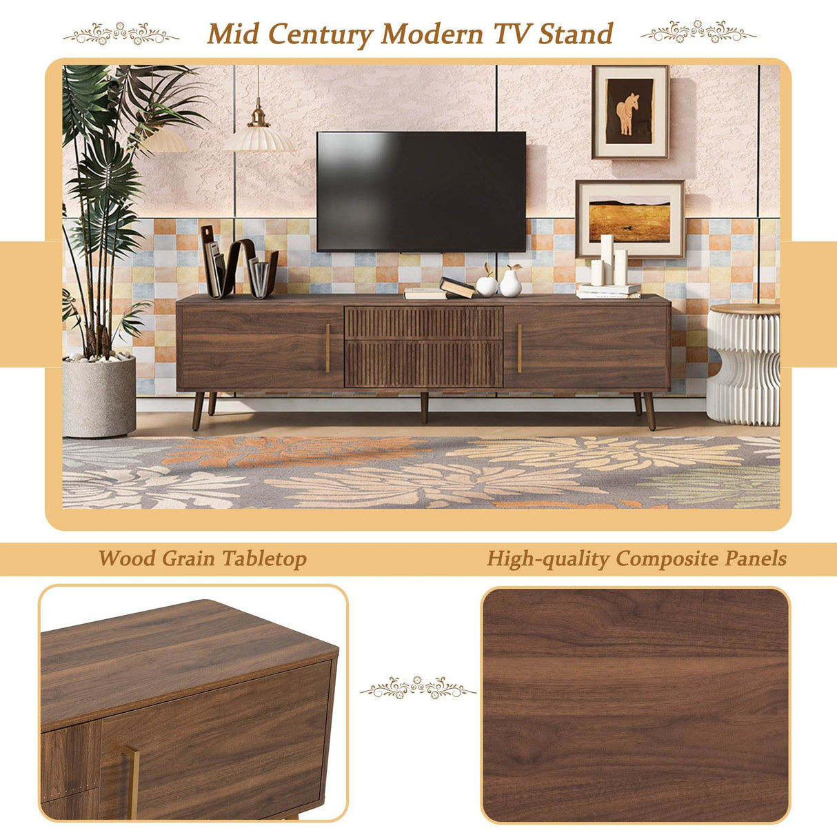Mid Century Modern Walnut Wood TV Stand With Storage - Sleep Galleria