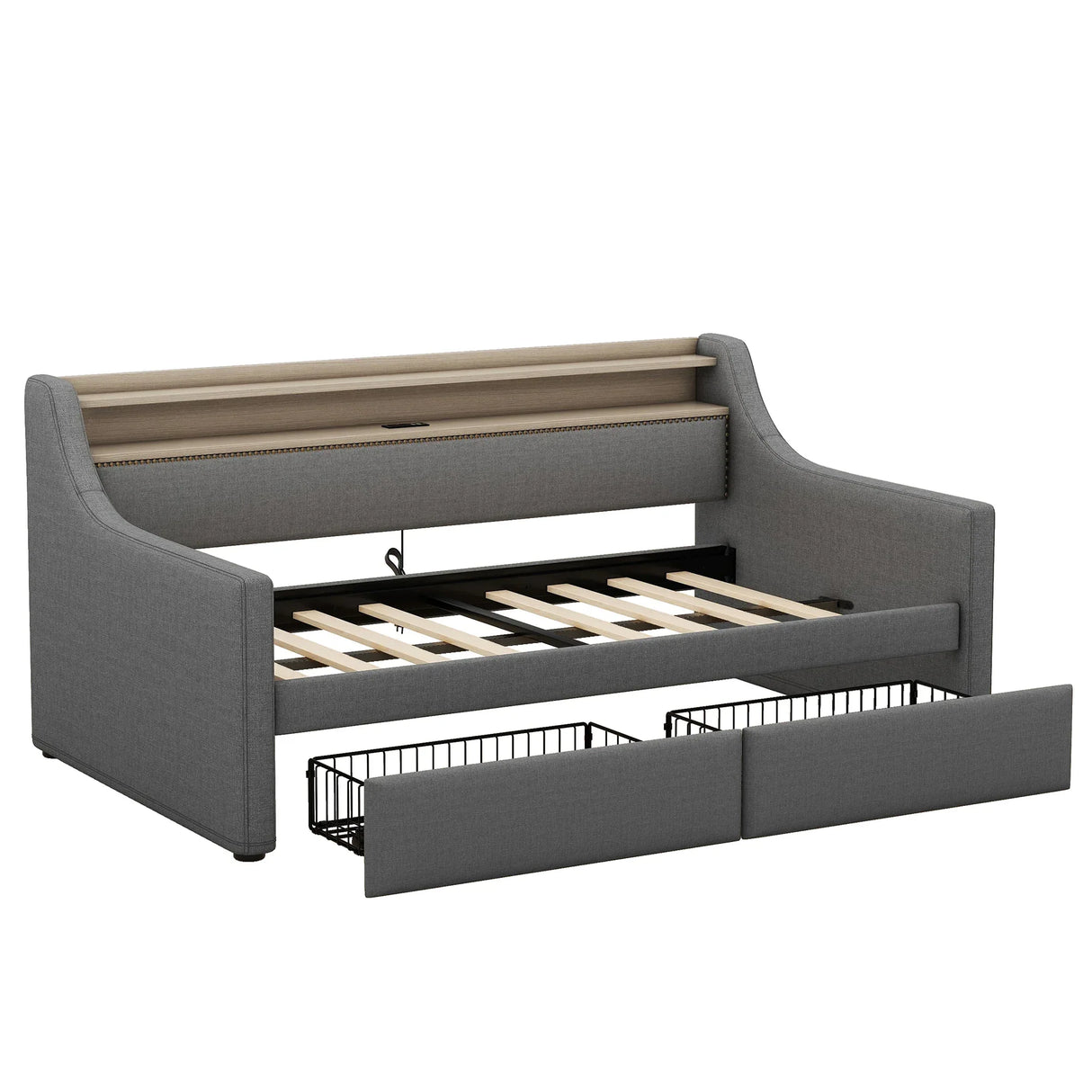 Twin Linen Upholstered Daybed With Storage Drawers Charging Station - Omega Lifestyles