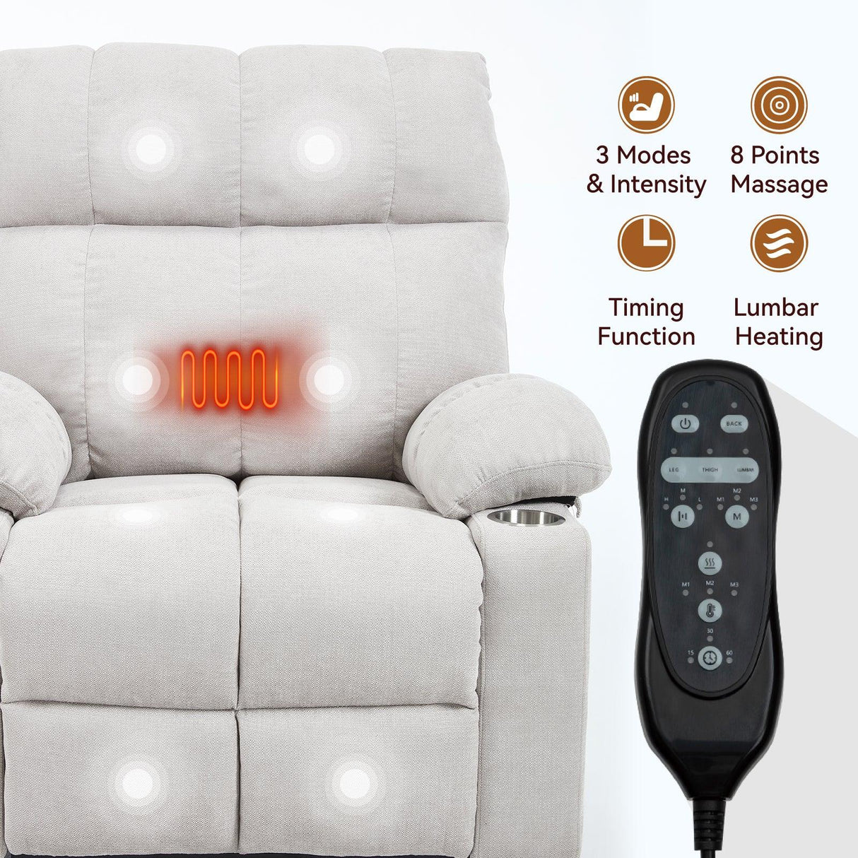 Beige Chenille Power Lift Recliner Chair With Massage Heating - Omega Lifestyles
