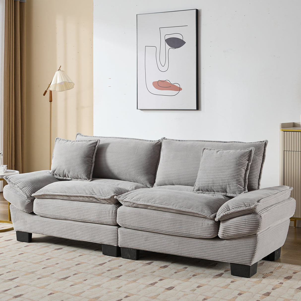 Light Grey Corduroy Upholstered Sofa Loveseat With Pillows