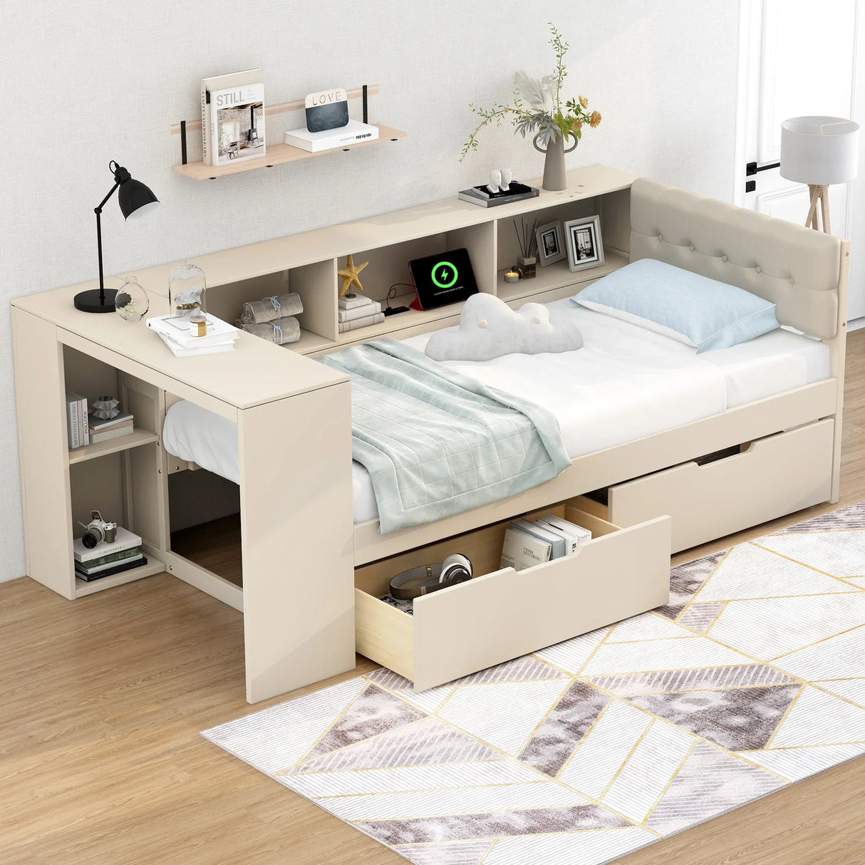 Twin Wood Platform Bed With Storage Drawers And Charging Station - Omega Lifestyles