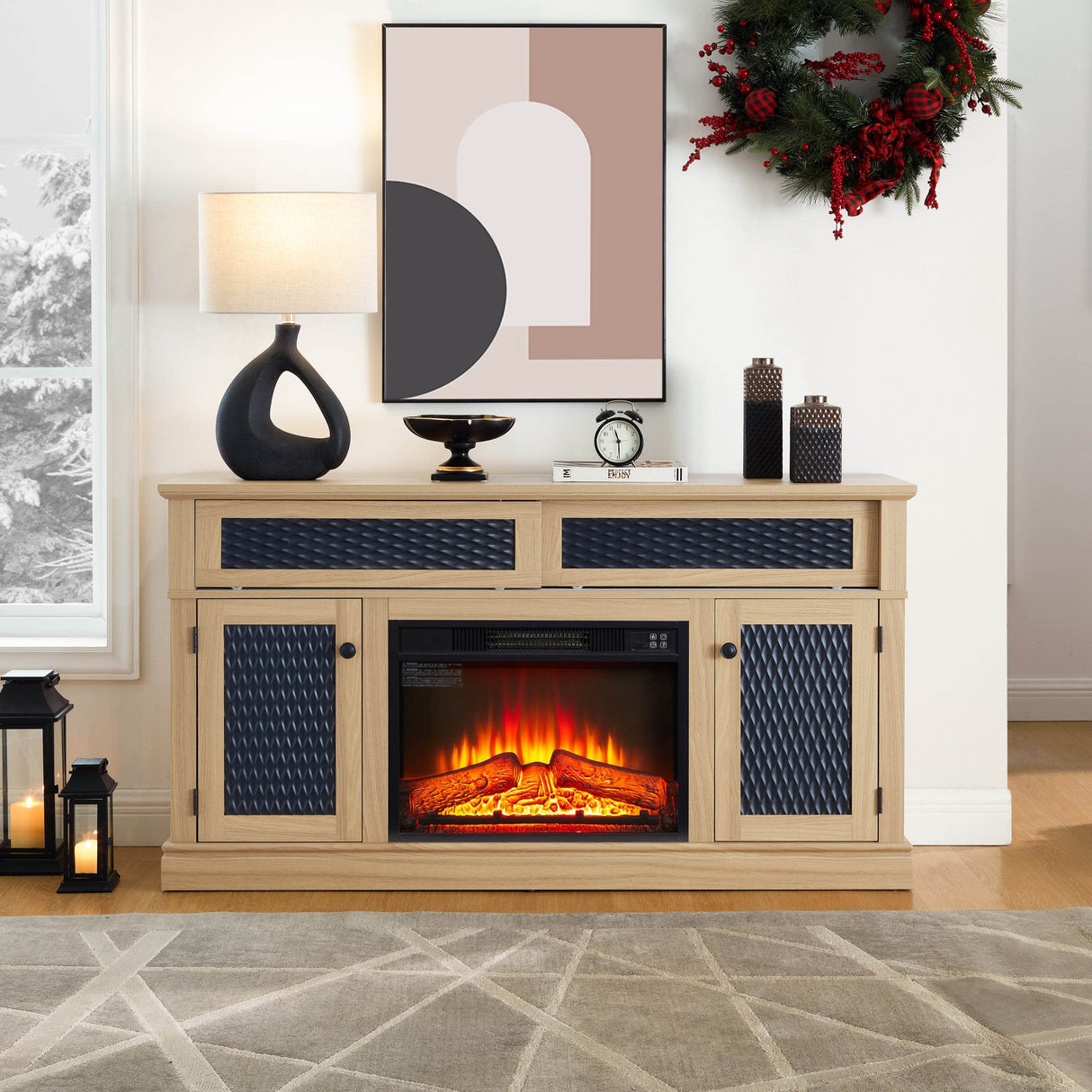 Embossed Light Oak Fireplace TV Stand Console - Sleep Galleria
