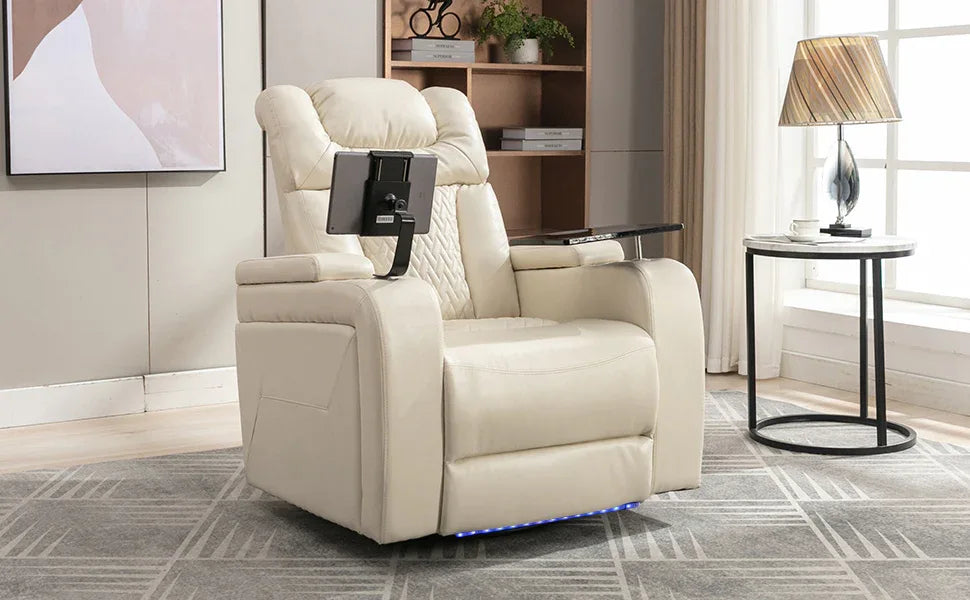 Power PU Leather Recliner Chair With Tray Table USB Port - Omega Lifestyles