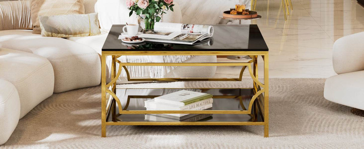 Modern Square Glass Coffee Table With Gold Metal Frame - Sleep Galleria