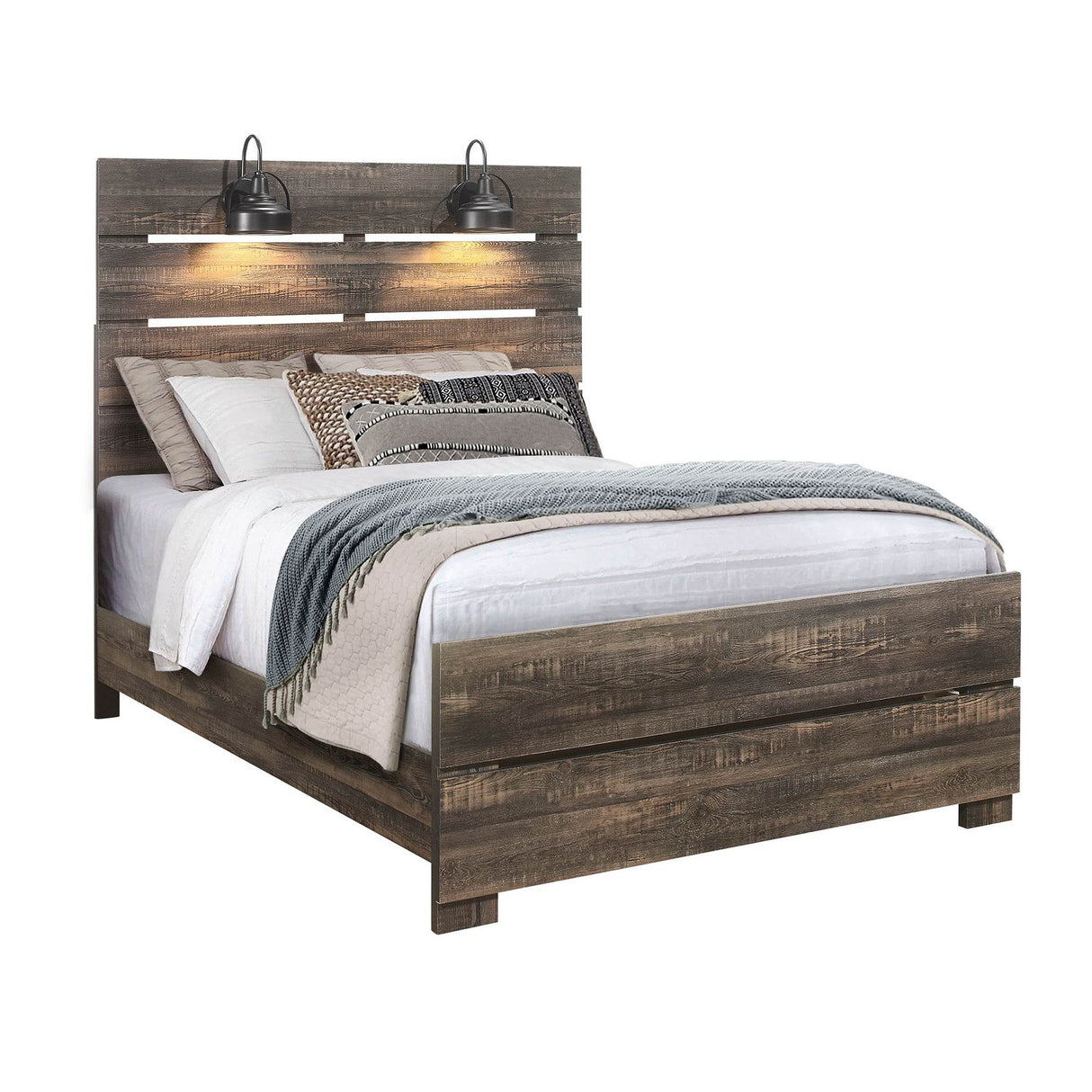 Modern Dark Oak Queen Panel Bed With Headboard Light