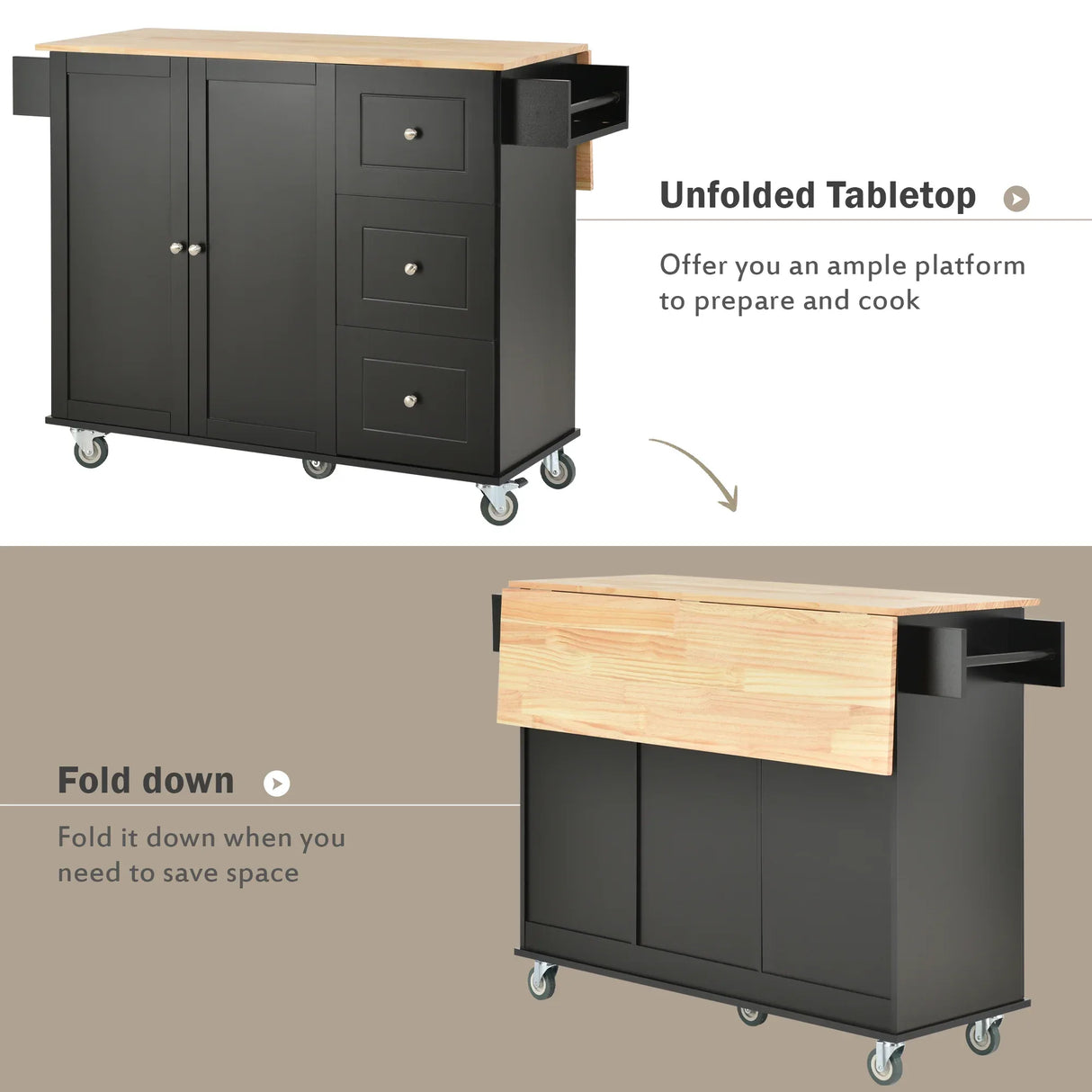 Rolling Mobile Kitchen Island With Solid Wood Top And Locking Wheels - Omega Lifestyles