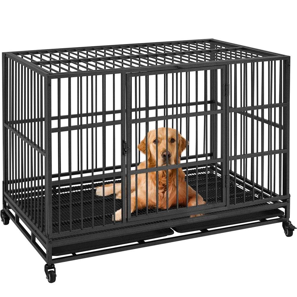 48-Inch Indestructible Rolling Dog Crate with Open-Top Design, Black