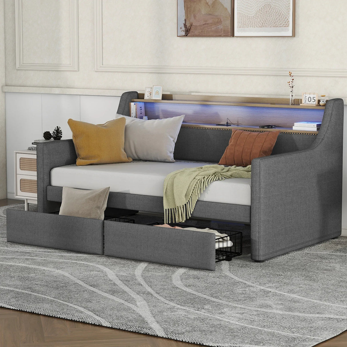 Twin Linen Upholstered Daybed With Storage Drawers Charging Station - Omega Lifestyles