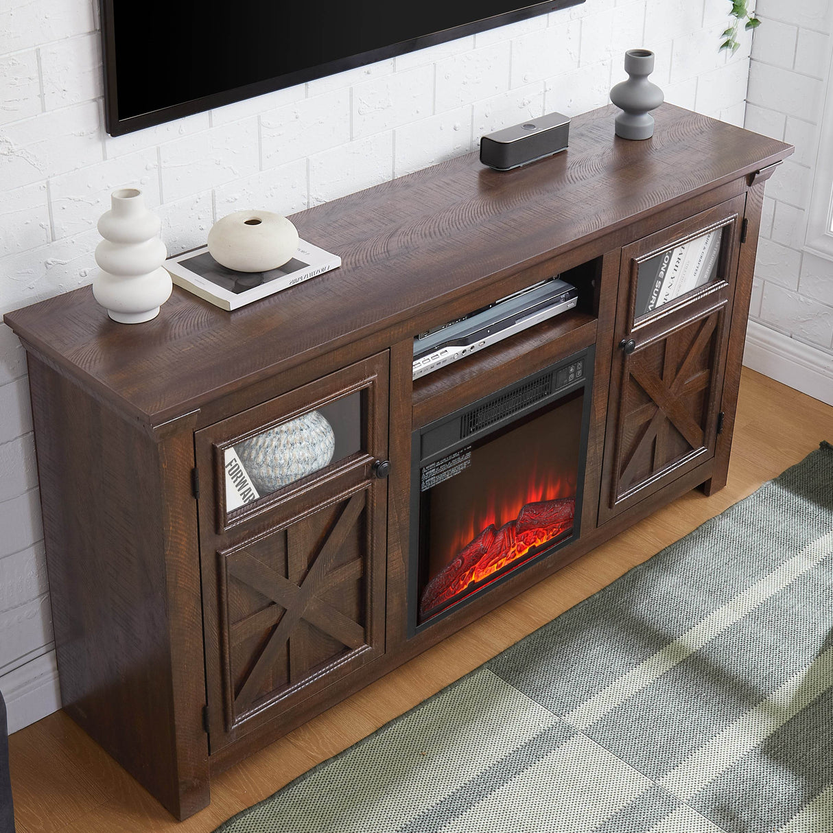 Farmhouse Espresso TV Stand With Fireplace Insert - Sleep Galleria