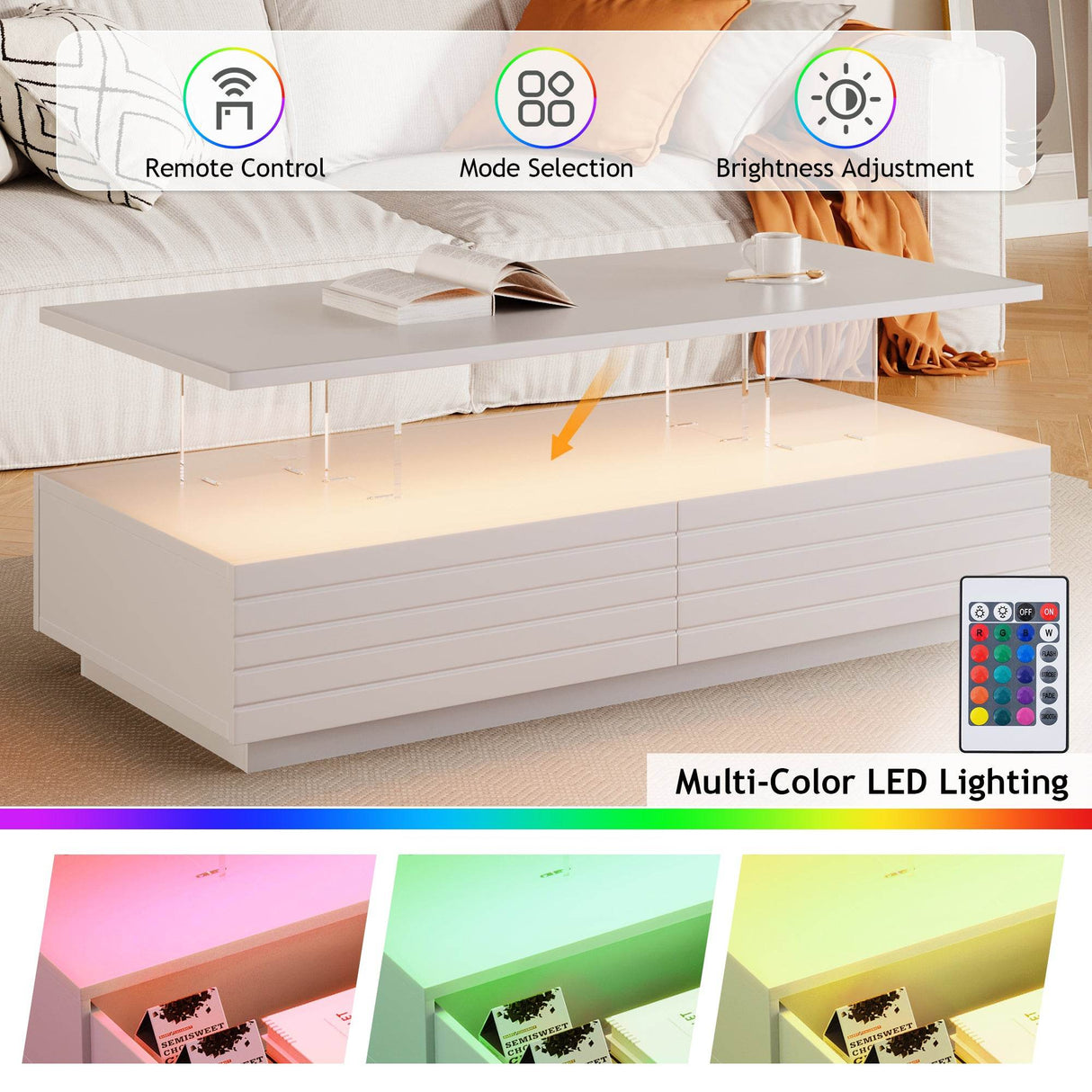 Modern White LED Lighting Coffee Table With Drawers - Sleep Galleria