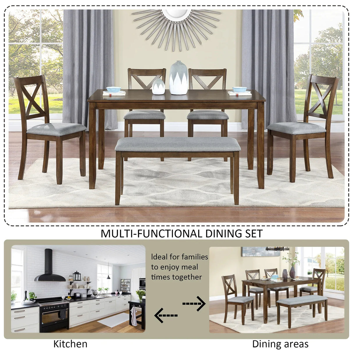 6-Piece Walnut Acacia Wood Dining Table Set With Bench - Omega Lifestyles