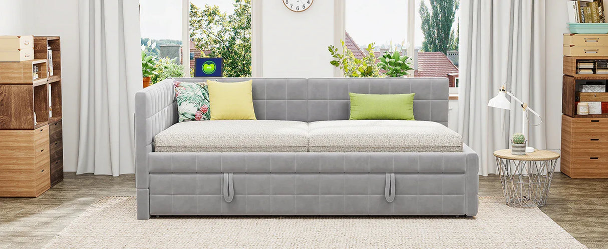 Full Upholstered L-Shaped Daybed With Twin Trundle USB Ports - Omega Lifestyles