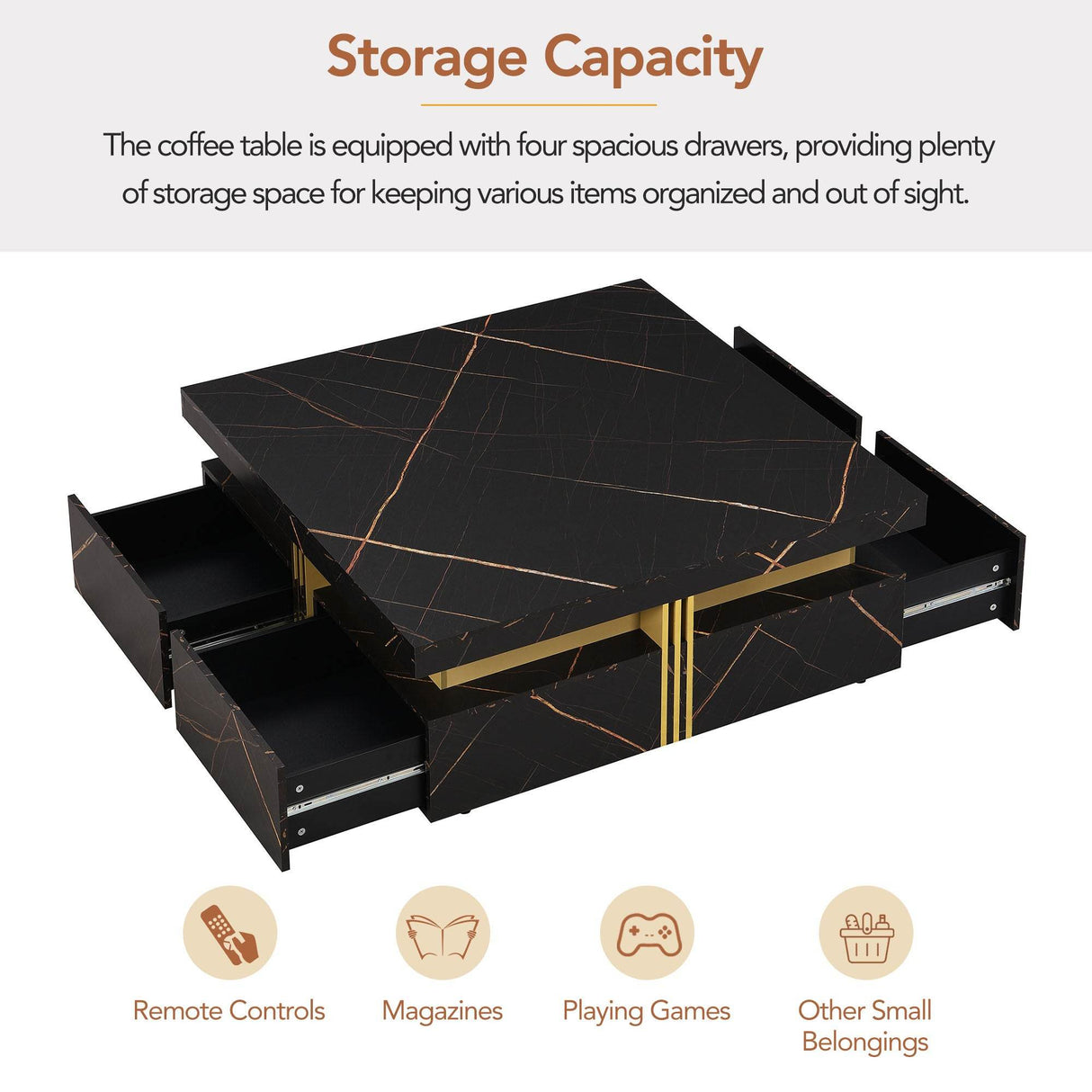 Modern Black Gold Accented Square Coffee Table With Storage - Sleep Galleria