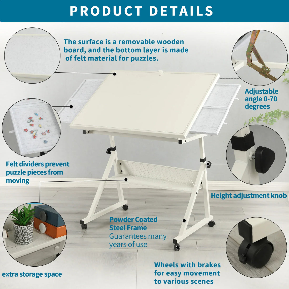 Adjustable Height Metal Puzzle Table With Storage Trays - Omega Lifestyles