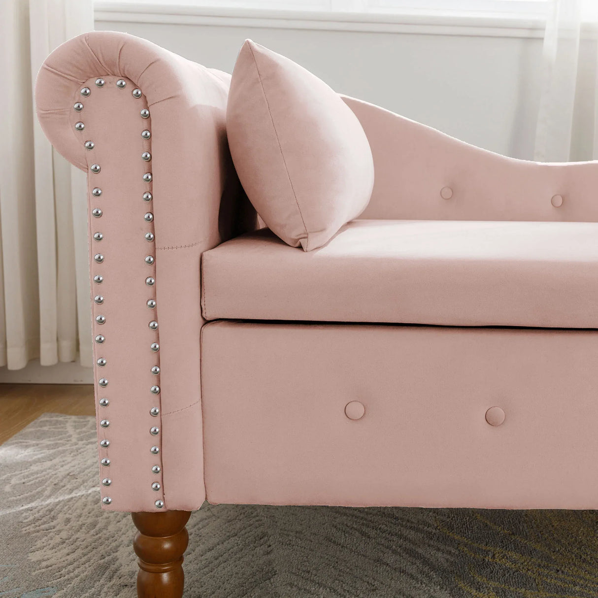Pink Velvet Storage Chaise Lounge With Pillow - Omega Lifestyles