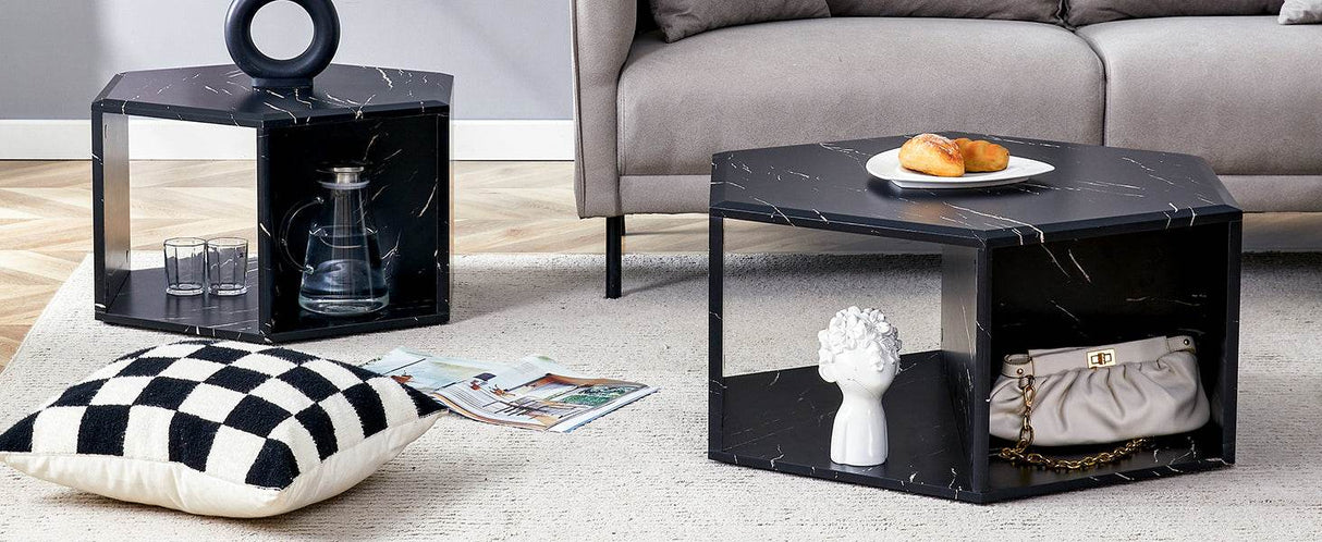 Set Of 2 Modern Minimalist Black Hexagonal Coffee Tables - Sleep Galleria