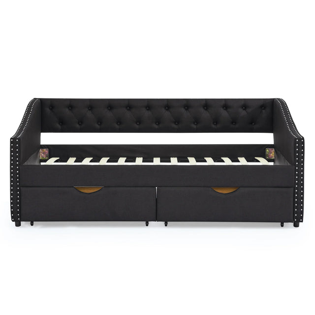 Twin Upholstered Tufted Linen Daybed With Drawers - Omega Lifestyles