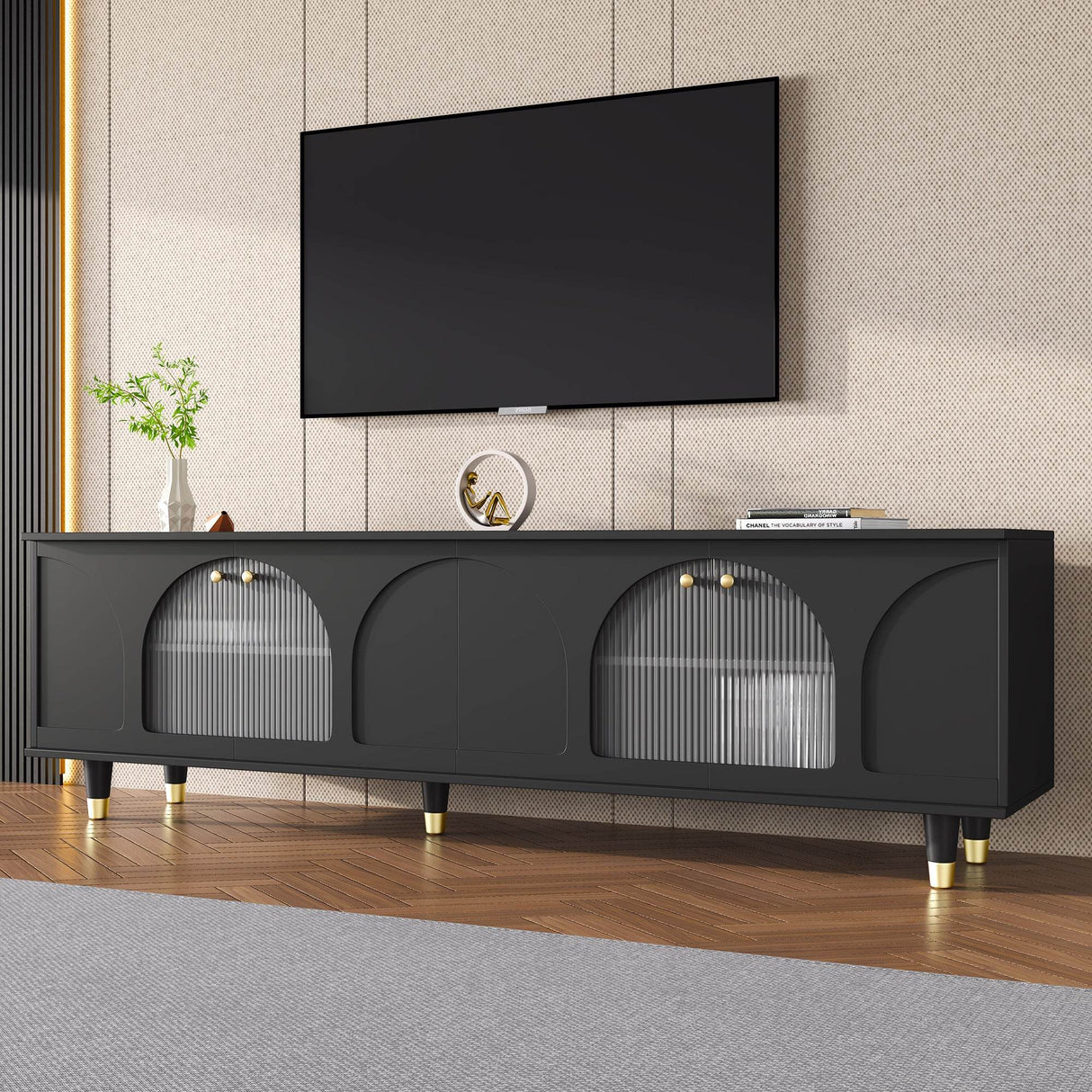 Contemporary Black TV Stand With Fluted Glass Doors - Sleep Galleria