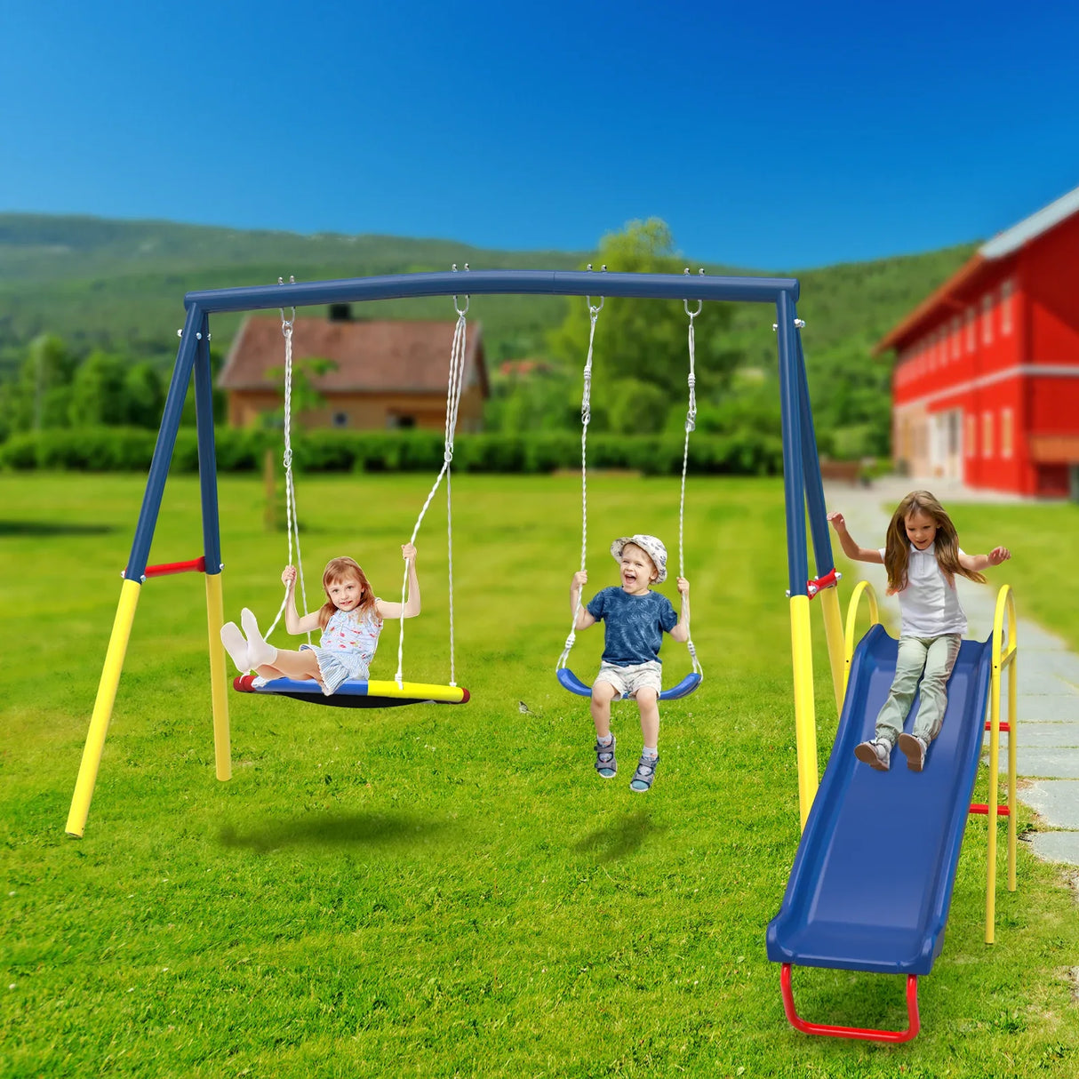 3-in-1 Heavy-Duty Steel Outdoor Kids Swing Set - Omega Lifestyles