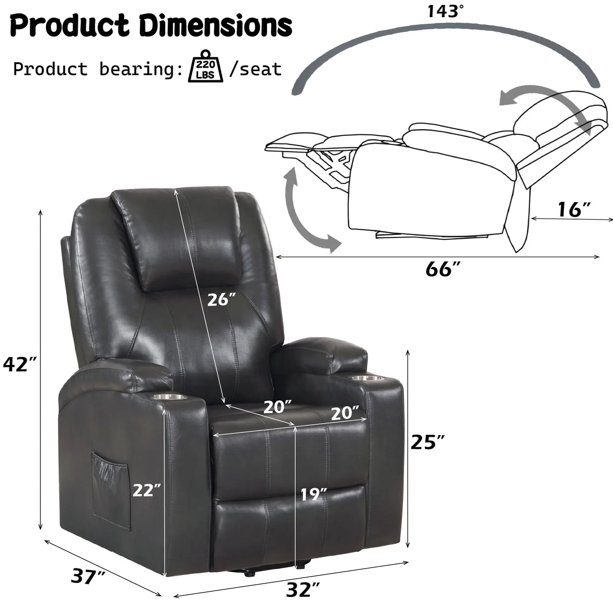 Gunmetal Faux Leather Power Lift Massage Recliner - Omega Lifestyles