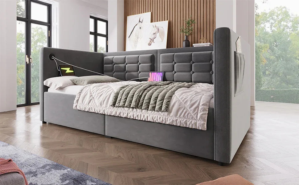 Twin Gray Velvet Upholstered Hydraulic Storage Daybed With USB Charging - Omega Lifestyles