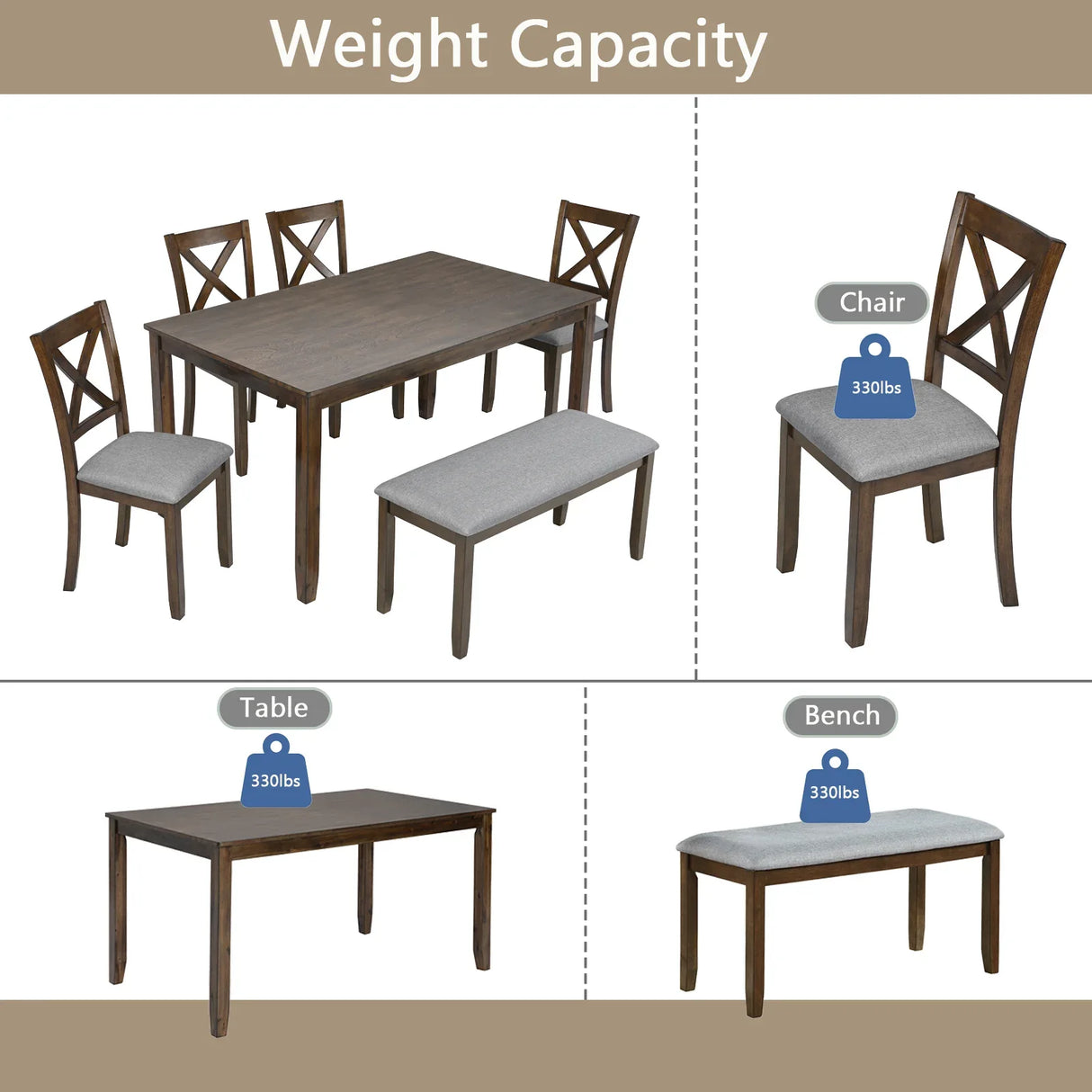 6-Piece Walnut Acacia Wood Dining Table Set With Bench - Omega Lifestyles