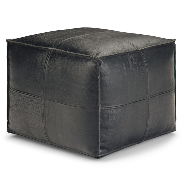 Handcrafted Black Buffalo Leather Square Pouf Ottoman - Omega Lifestyles