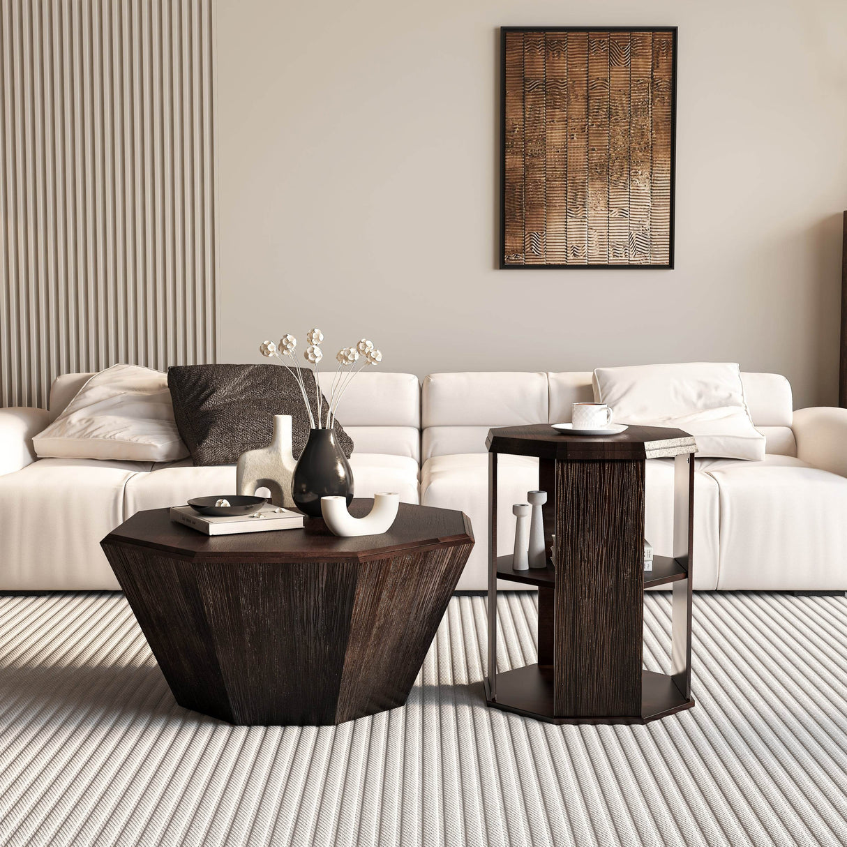 2-Piece Octagonal Black Walnut Rubber Wood Coffee Tables - Sleep Galleria