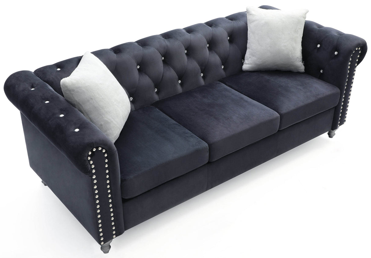 Velvet Upholstered Three-Seat Tufted Sofa With Nailhead Trim - Omega Lifestyles