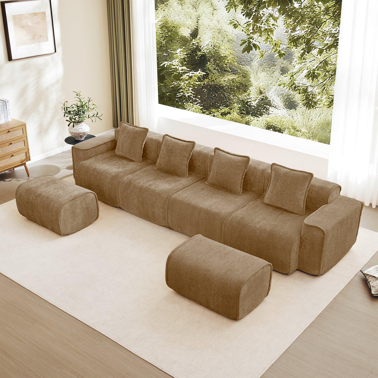 Modular Velvet 4-Seat Boneless Sectional Sofa With Ottomans - Omega Lifestyles