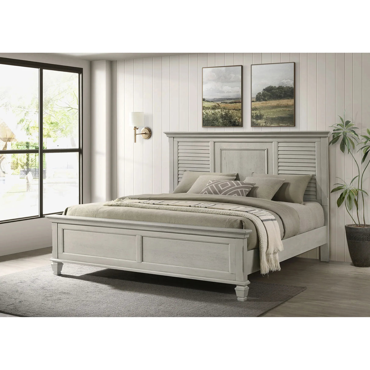 King Farmhouse Distressed White Wood Panel Bed Frame - Omega Lifestyles