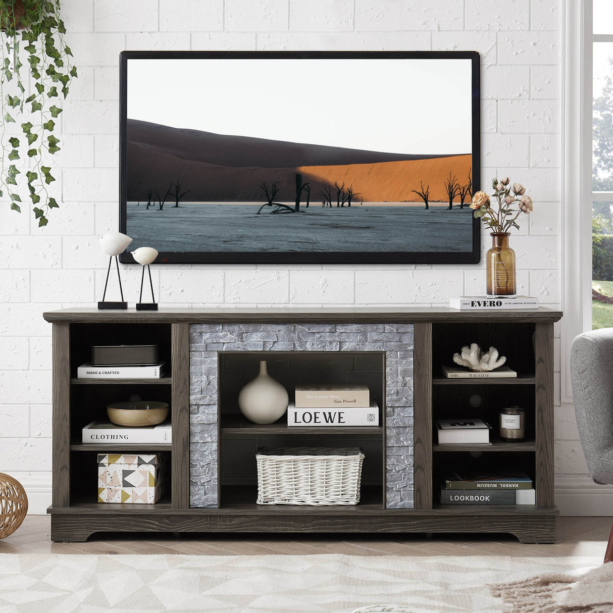 Grey Faux Stacked Stone MDF TV Media Stand Console - Sleep Galleria