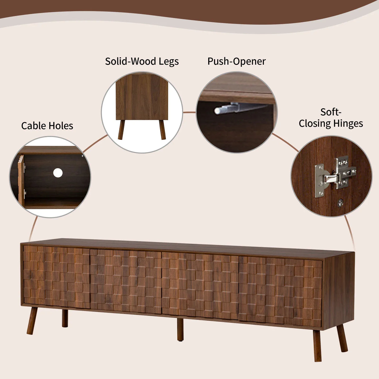 70-Inch Modern Walnut TV Stand With Soft-Closing Hinges - Omega Lifestyles