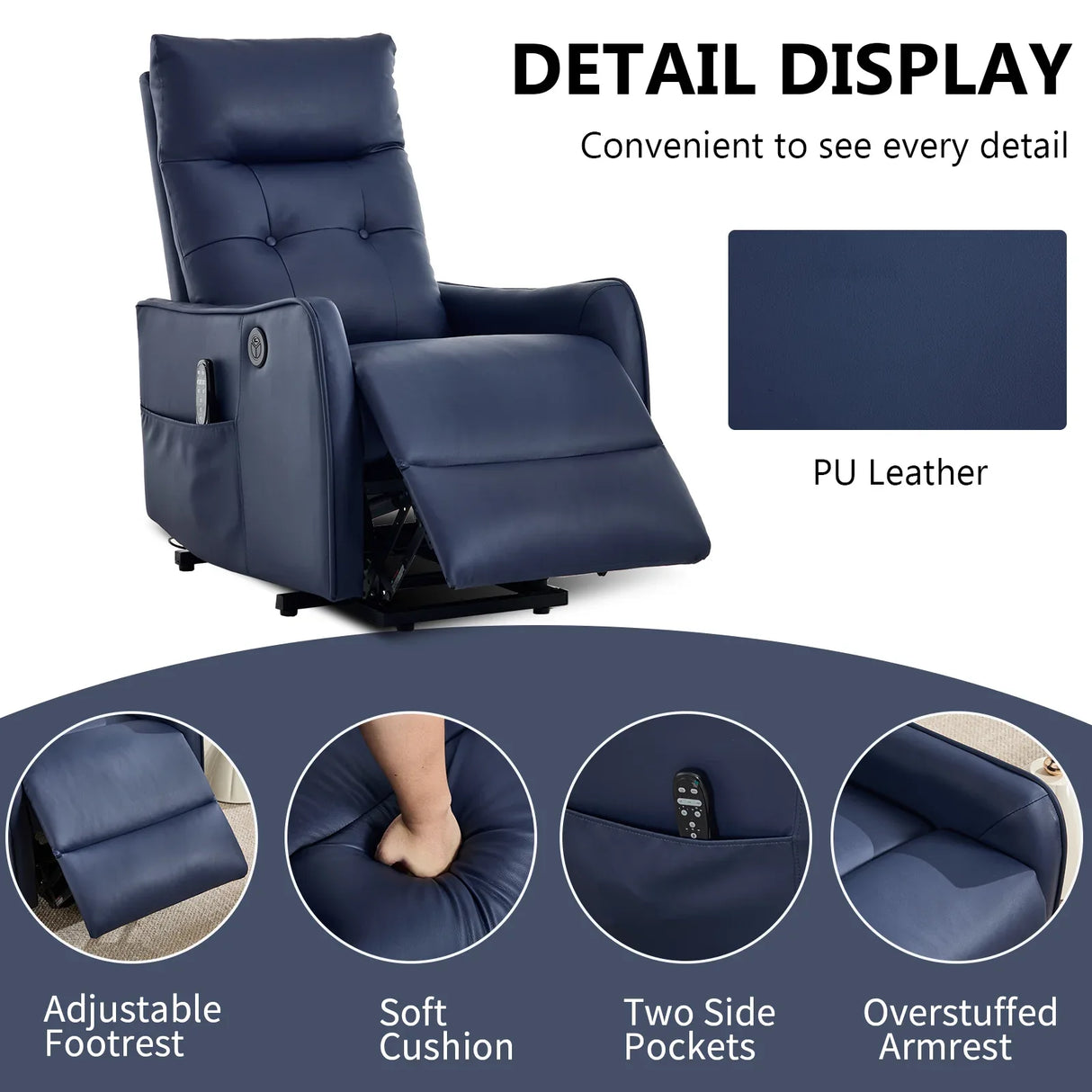 Medium-Firm Blue Faux Leather Power Lift Massage Recliner Chair - Omega Lifestyles