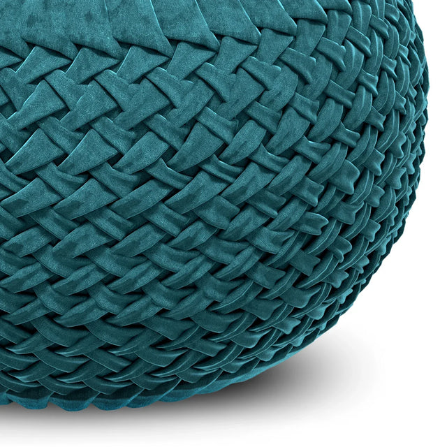 Teal Velvet Round Pouf With Button Tufted Top - Omega Lifestyles
