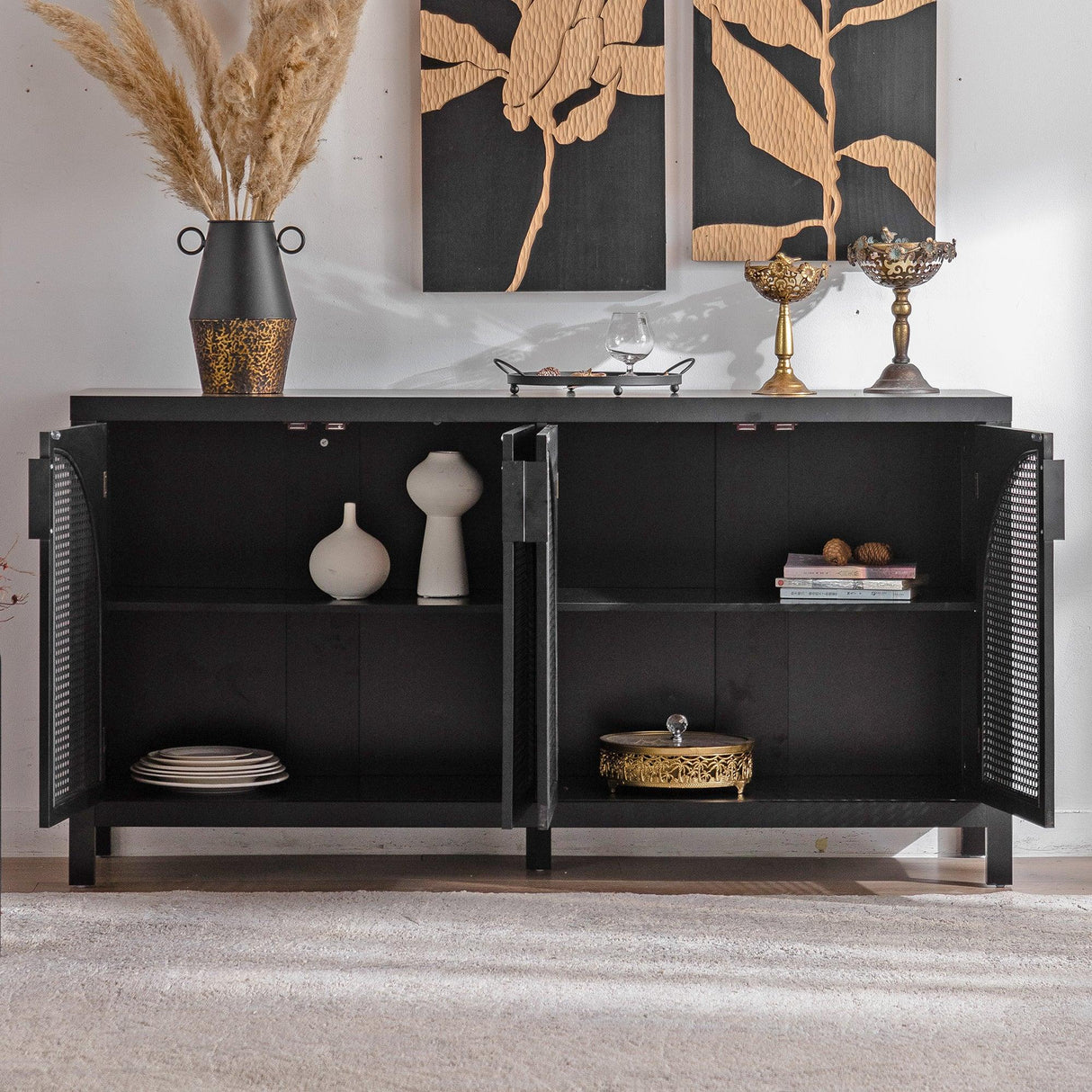 Modern Black MDF Rattan Storage Sideboard Cabinet - Omega Lifestyles