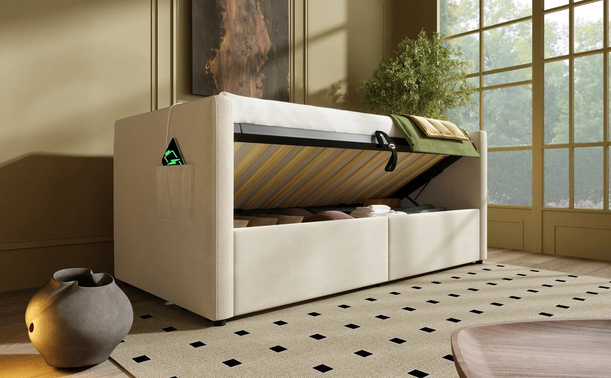 Twin Beige Velvet Upholstered Hydraulic Storage Bed Frame - Omega Lifestyles