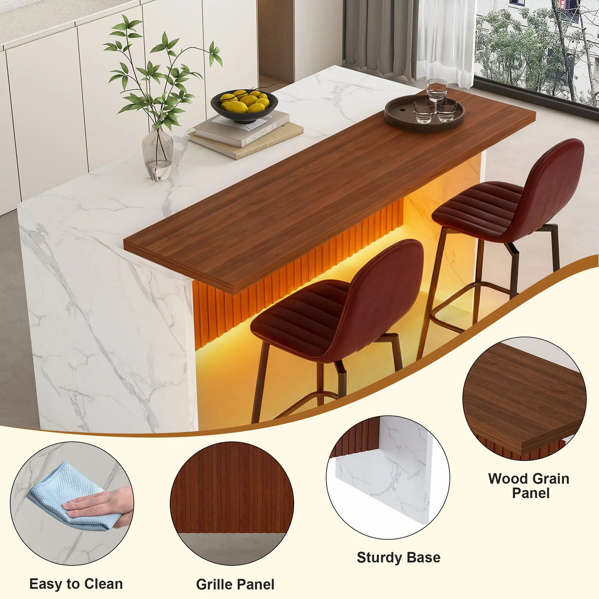 Modern Rectangular Kitchen Island With Marble Look LED Lighting - Omega Lifestyles