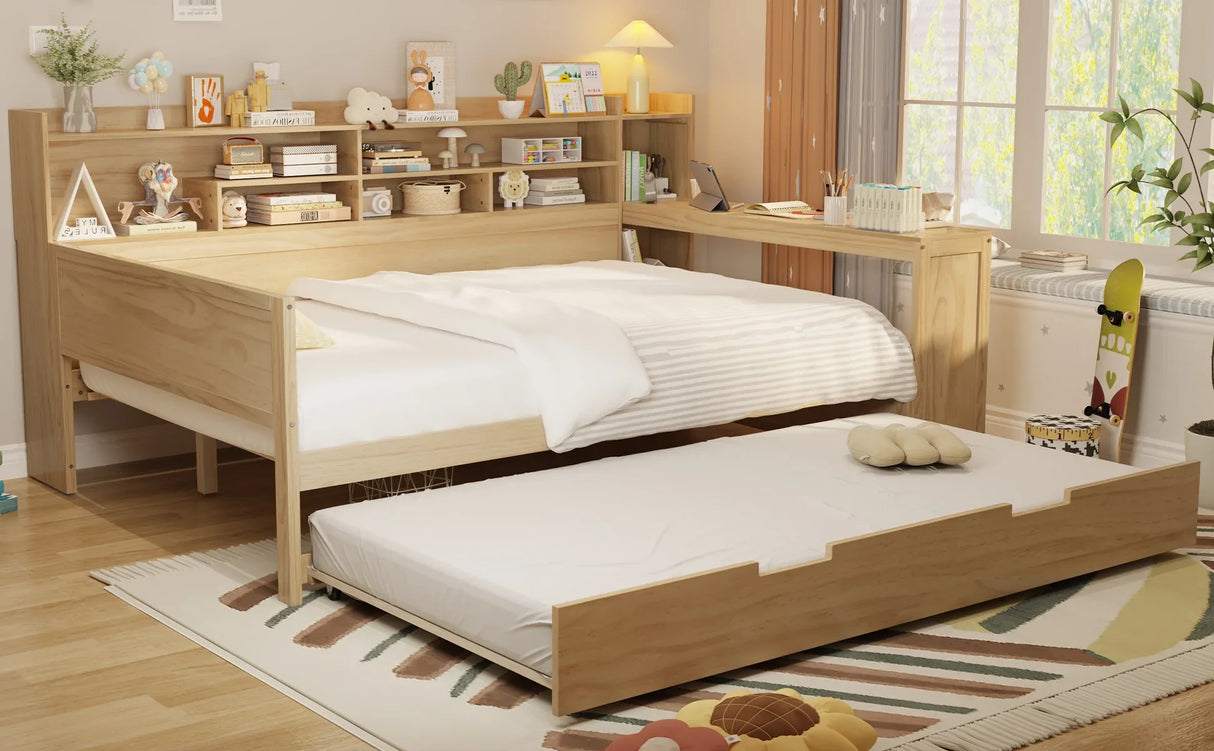 Full Wooden Bed Frame With Trundle Storage And Study Desk - Omega Lifestyles