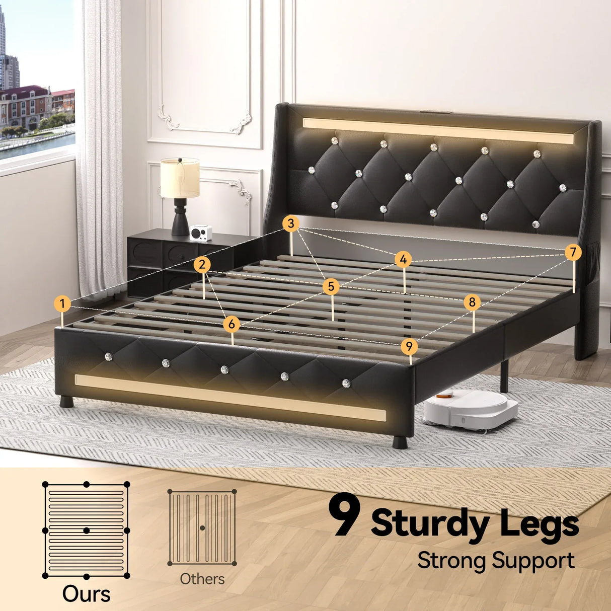Queen Modern Upholstered Platform Bed Frame With Charging - Omega Lifestyles