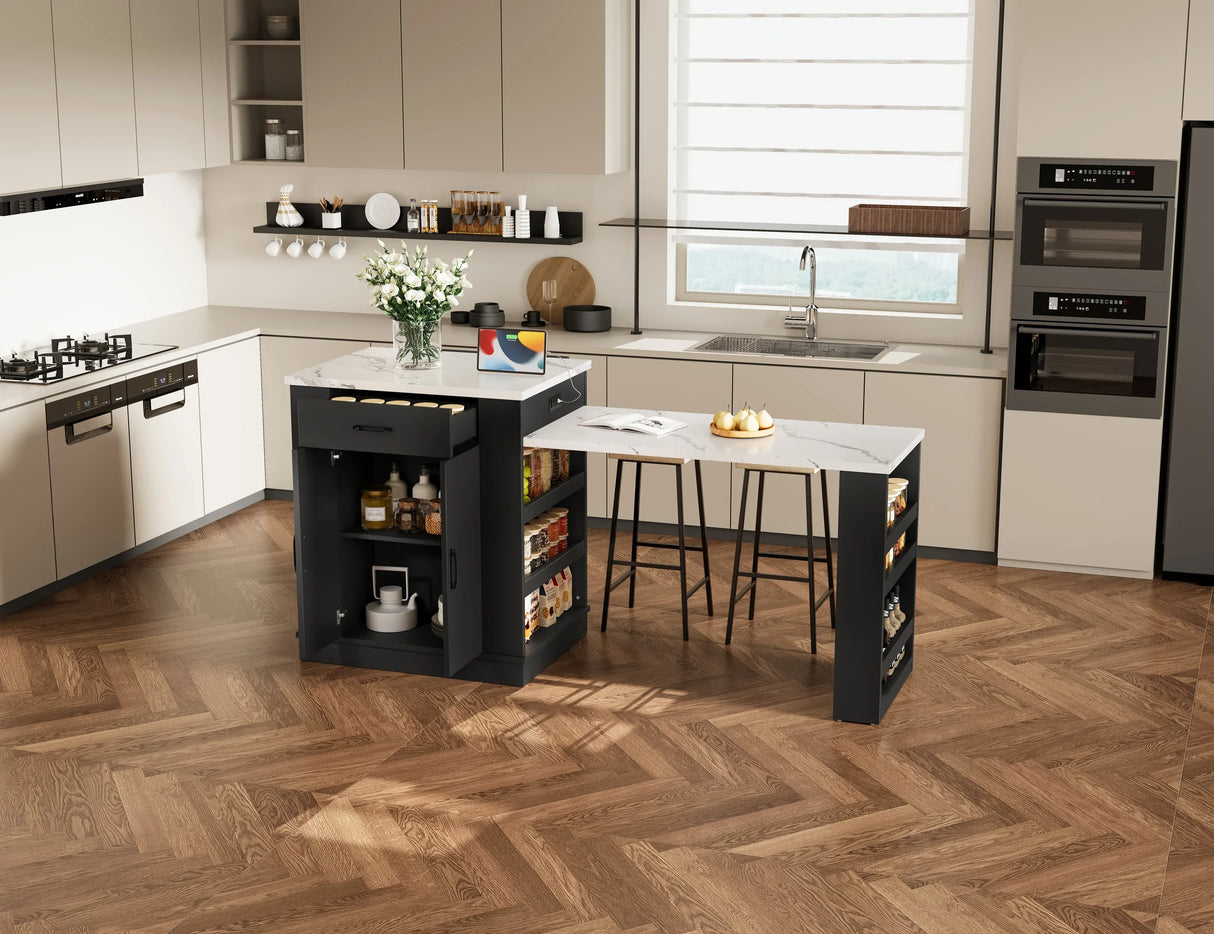 Extendable Black Kitchen Island With Storage Cabinet - Omega Lifestyles