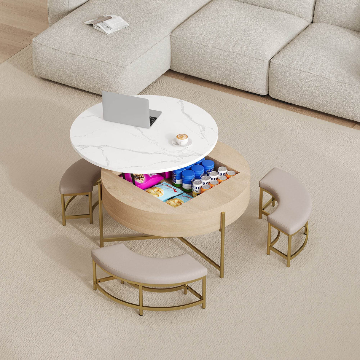 Modern Round Lift-Top Coffee Table With Storage And Ottomans - Sleep Galleria
