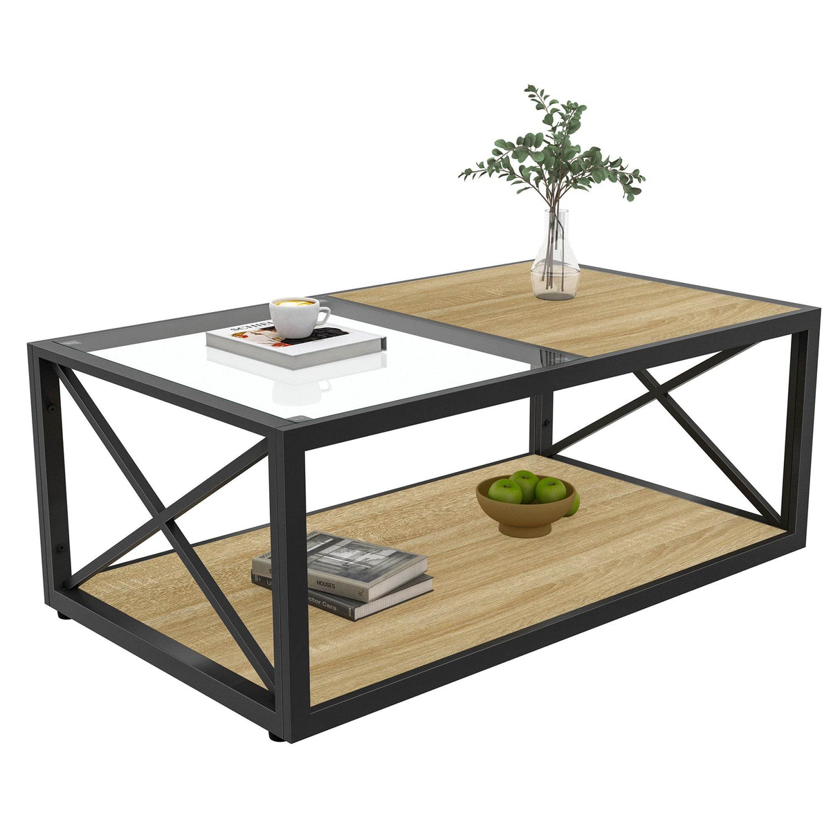 Industrial Glass And Natural Wood Modern Coffee Table - Sleep Galleria