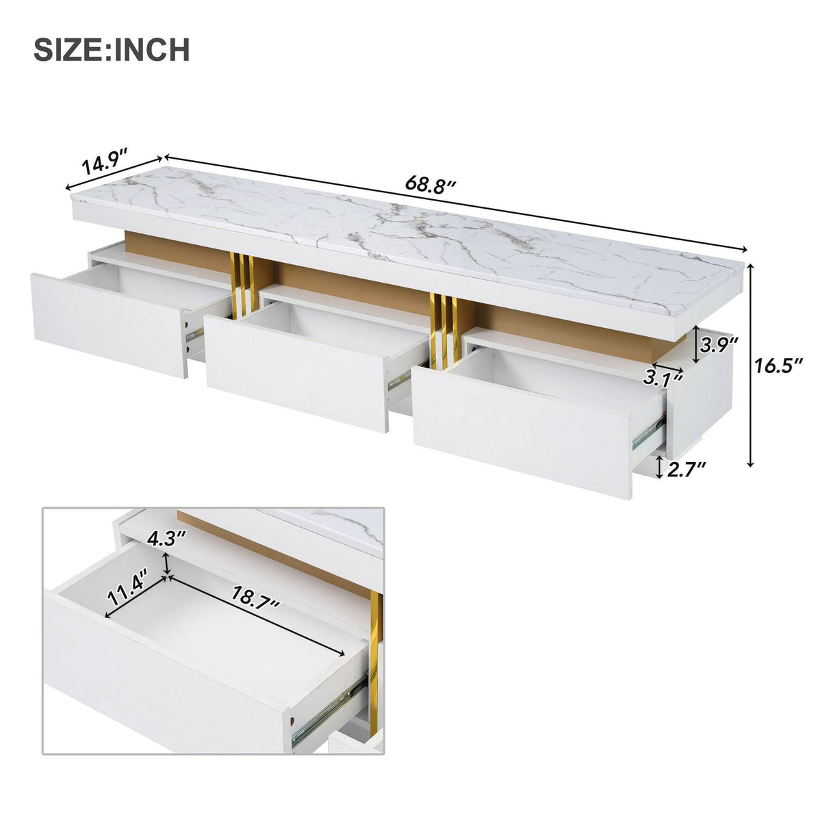 High Gloss White Marble TV Stand With Drawers - Sleep Galleria