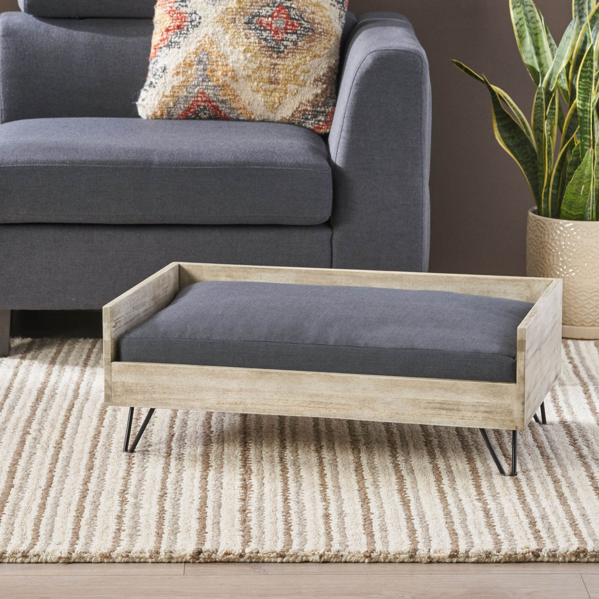 Mid-Century Modern Acacia Wood Dog Bed With Cushion - Sleep Galleria