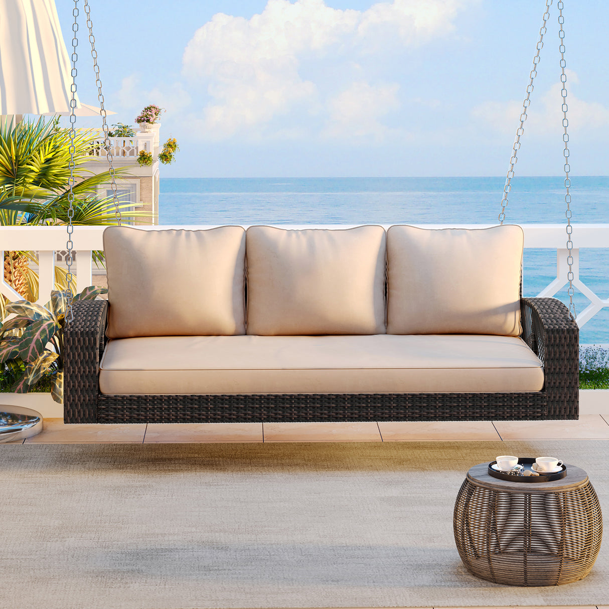 GO 69' PE Wicker 3-Person Porch Swing with Chains, Large Patio Swing Bench with Cushions for Backyard, Garden, and Poolside, Brown