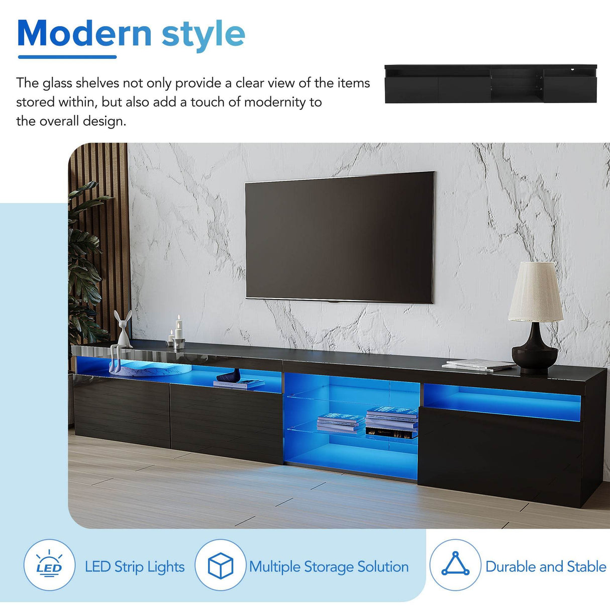 Modern Black Particle Board TV Stand With LED Lighting - Sleep Galleria