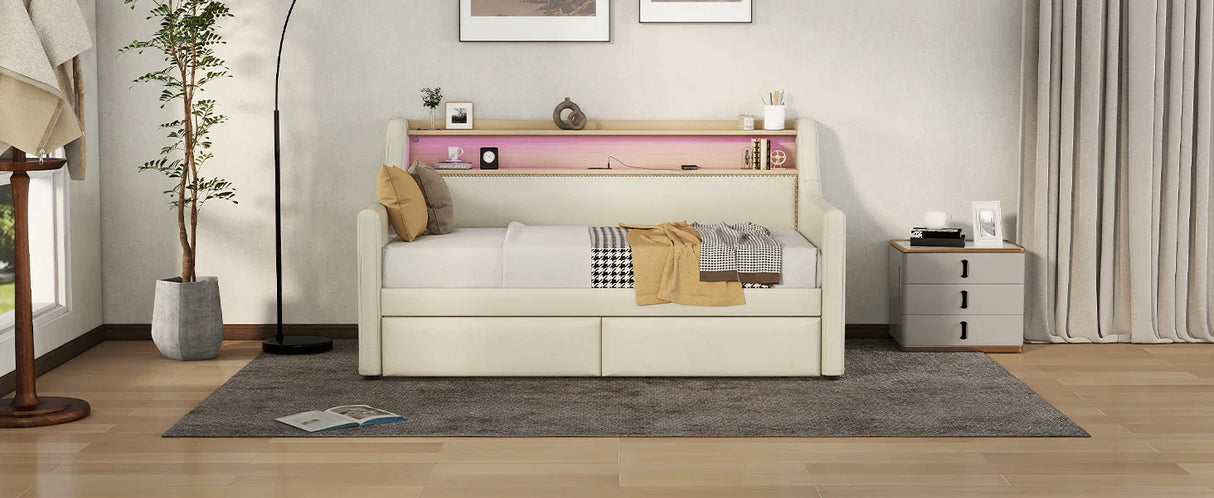 Twin PU Leather Daybed With Storage Drawers Charging Station - Omega Lifestyles