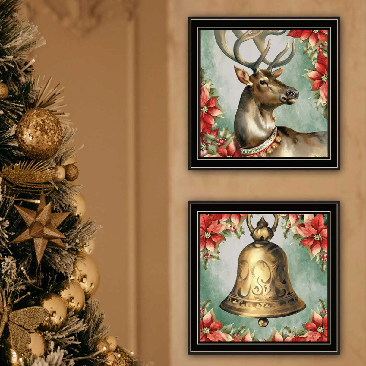2-Piece Old World Reindeer Bell Black Framed Wall Art - Omega Lifestyles